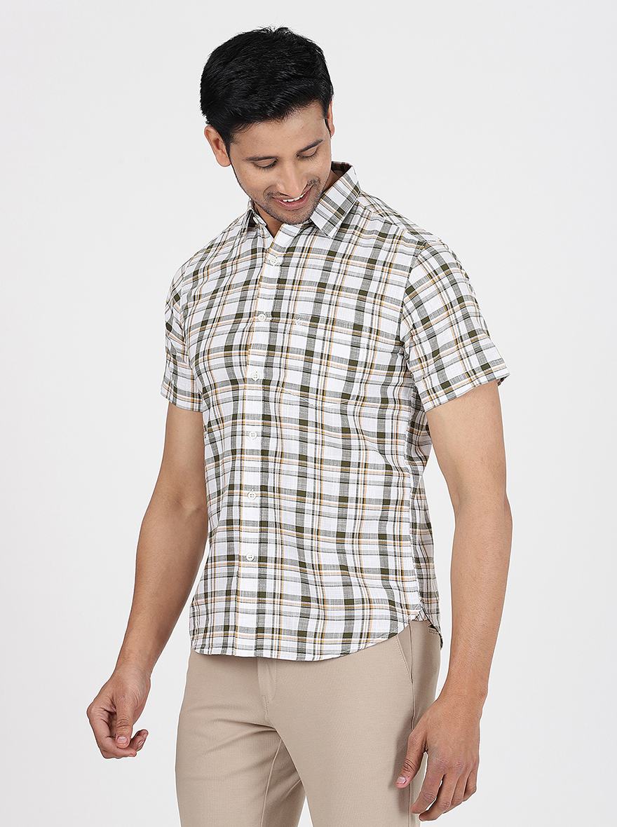 Green Checked Slim Fit Casual Shirt | pehervi