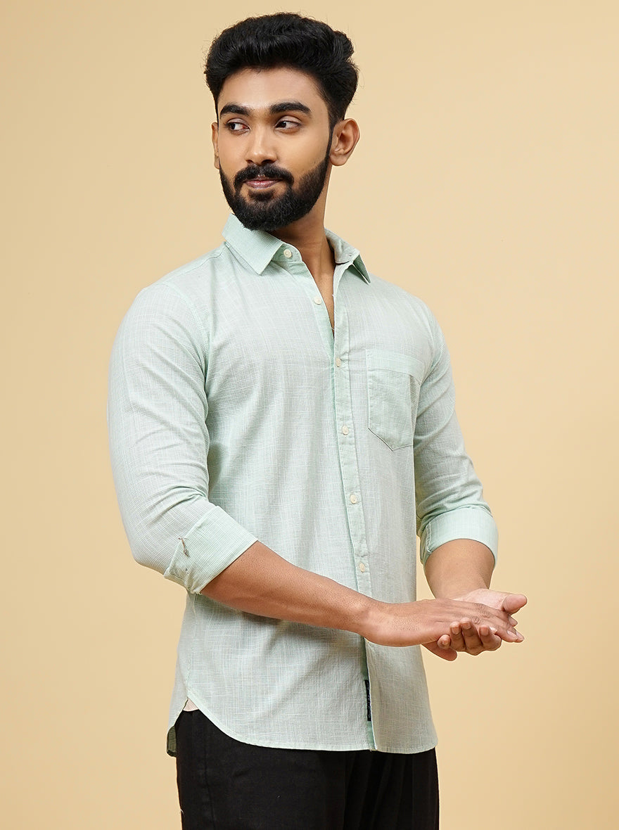 Green Checked Slim Fit Casual Shirt | pehervi