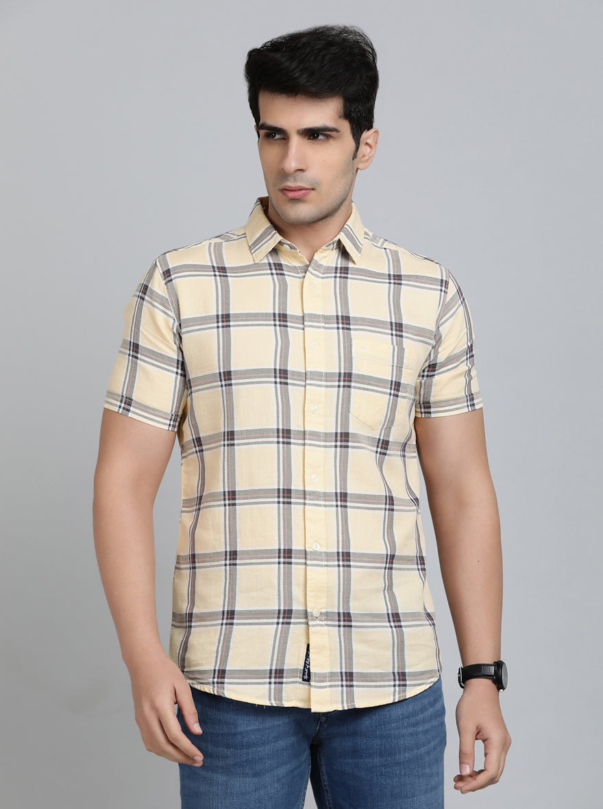 Yellow Checked Slim Fit Casual Shirt | pehervi