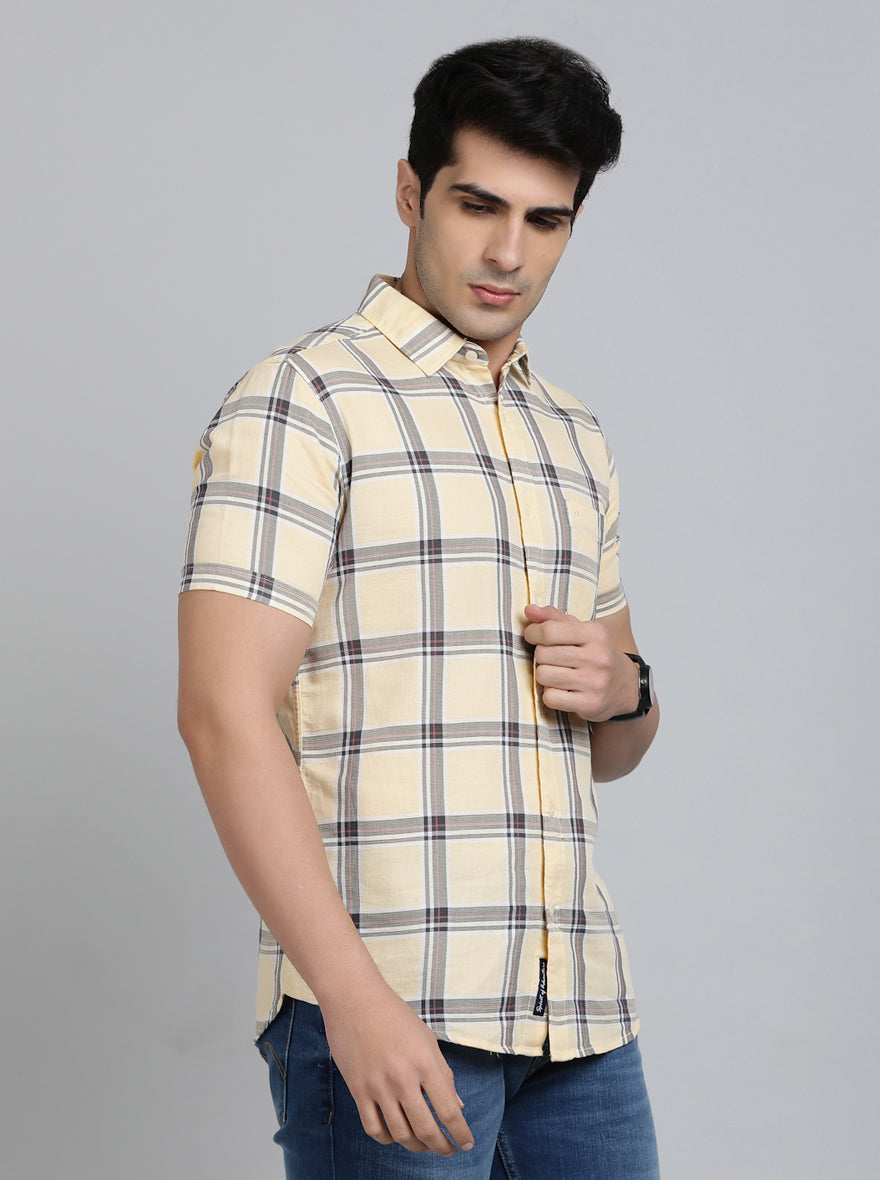 Yellow Checked Slim Fit Casual Shirt | pehervi