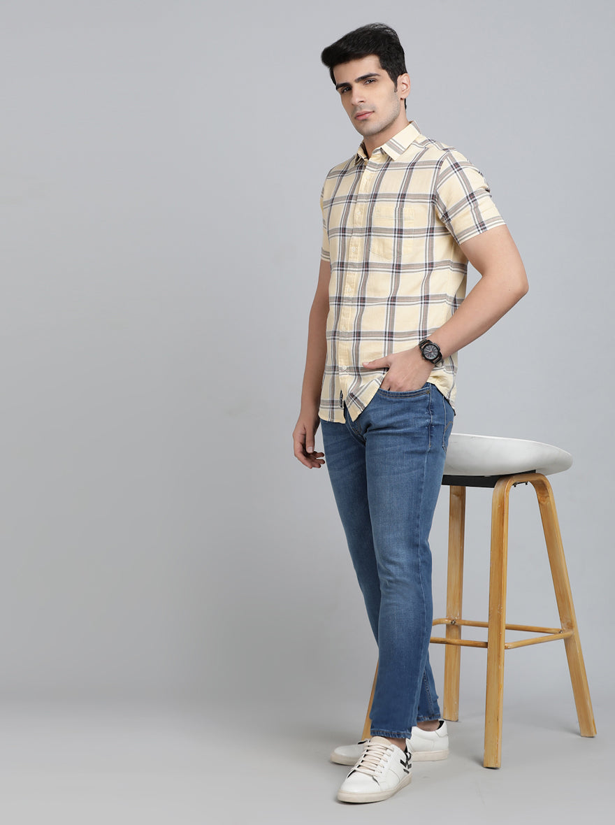 Yellow Checked Slim Fit Casual Shirt | pehervi
