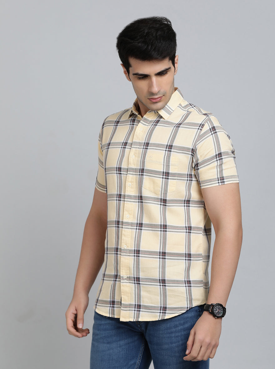 Yellow Checked Slim Fit Casual Shirt | pehervi