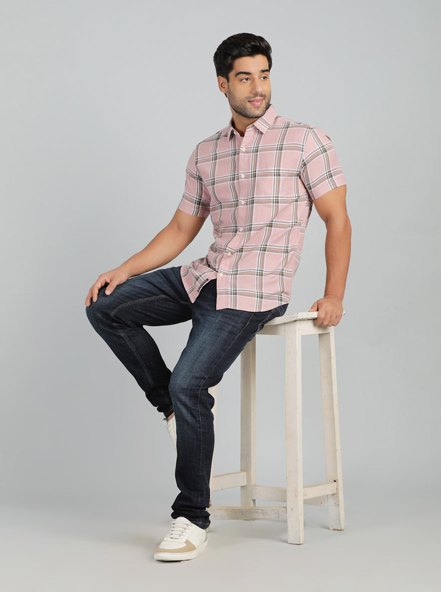 Dusky Pink Checked Slim Fit Casual Shirt | pehervi