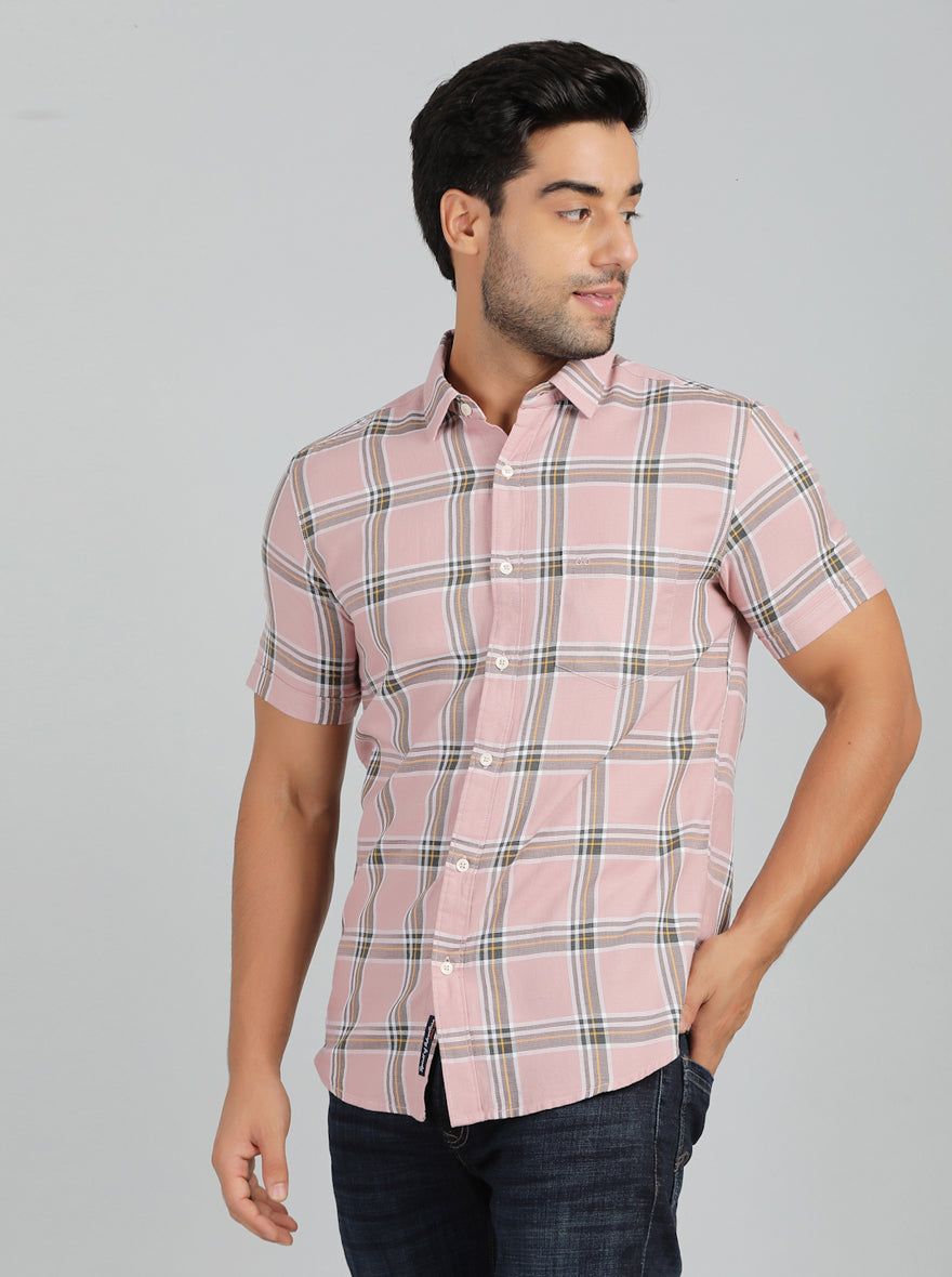 Dusky Pink Checked Slim Fit Casual Shirt | pehervi