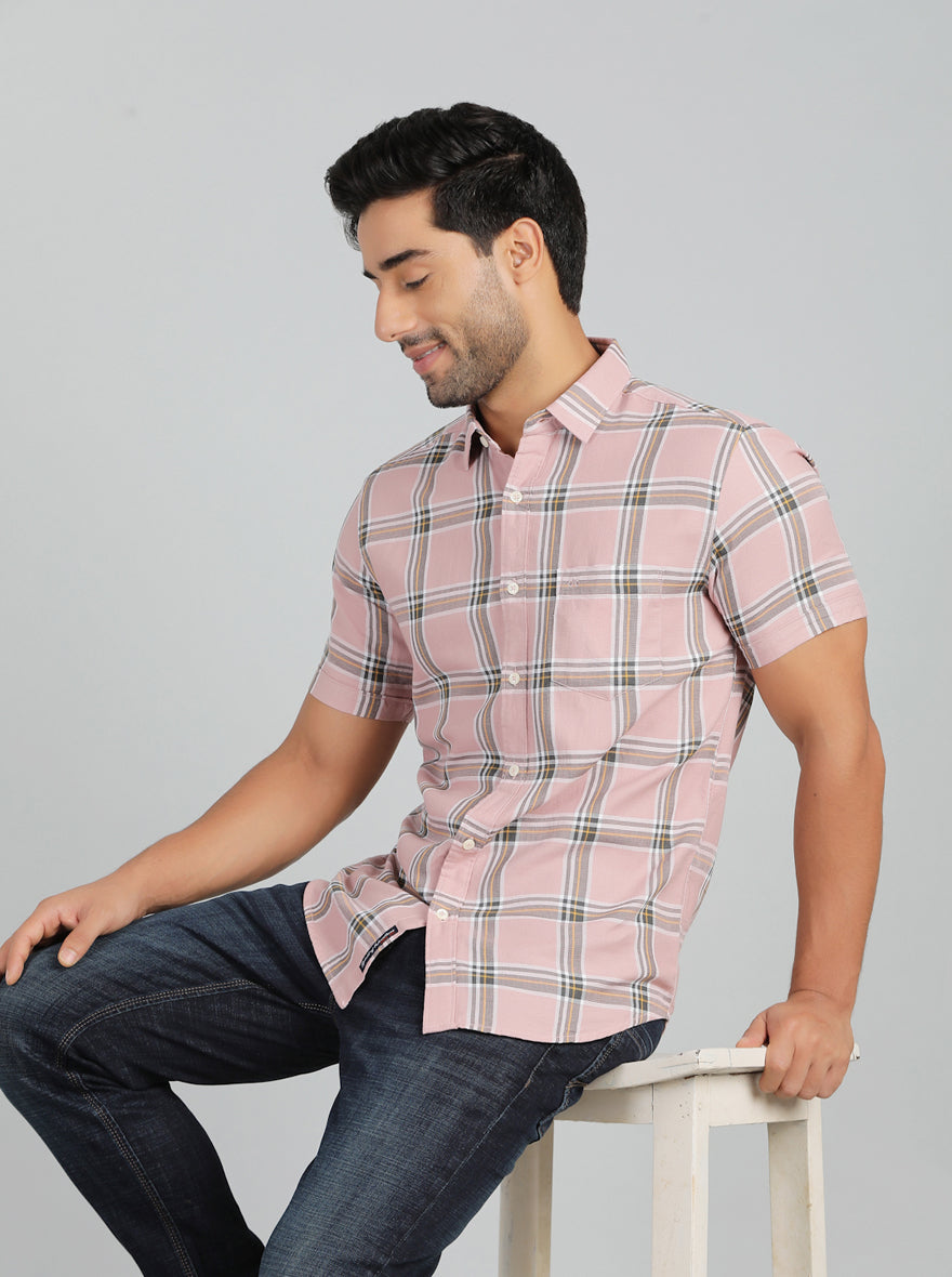 Dusky Pink Checked Slim Fit Casual Shirt | pehervi
