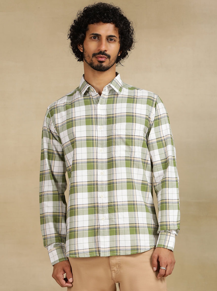 Green Checked Slim Fit Casual Shirt | pehervi