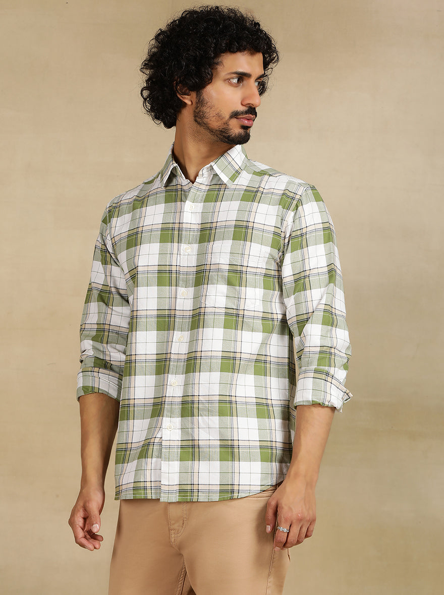 Green Checked Slim Fit Casual Shirt | pehervi