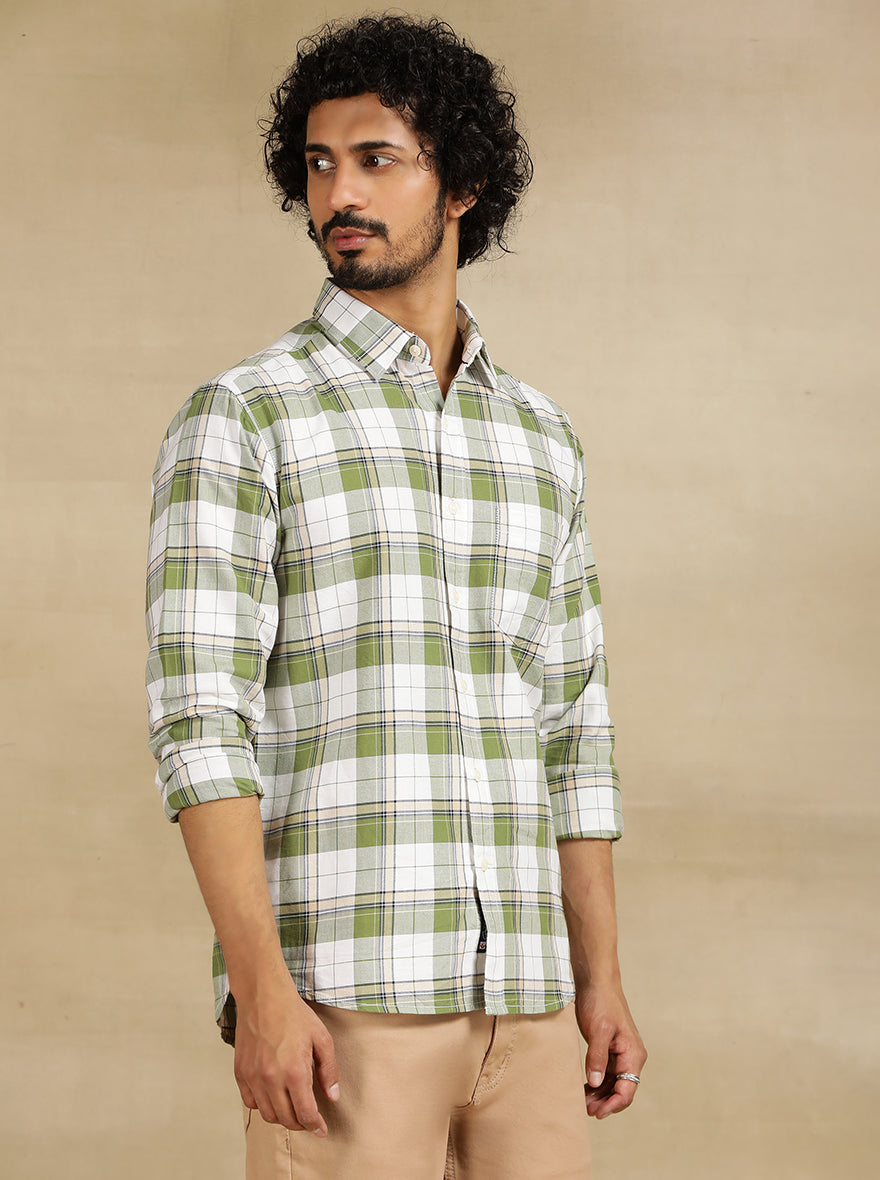 Green Checked Slim Fit Casual Shirt | pehervi