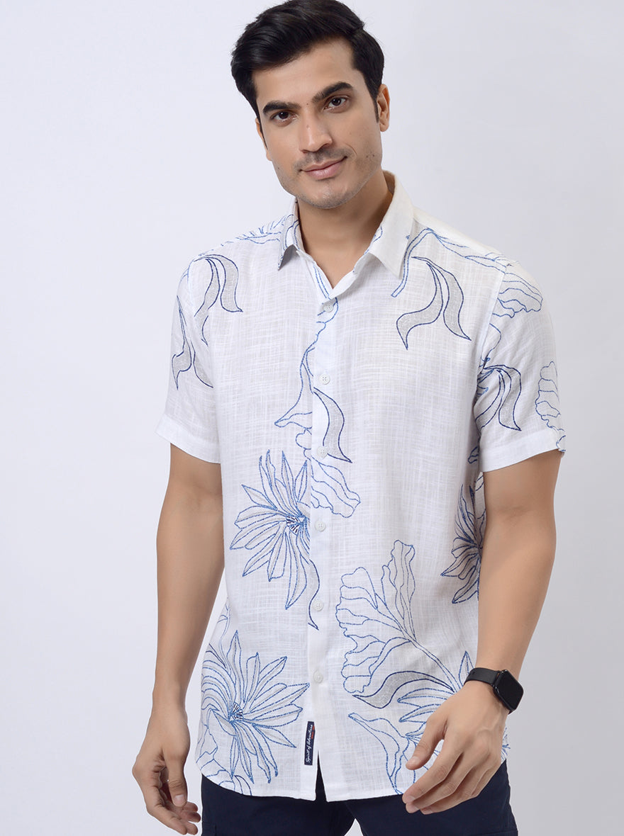 White Printed Slim Fit Casual Shirt | pehervi