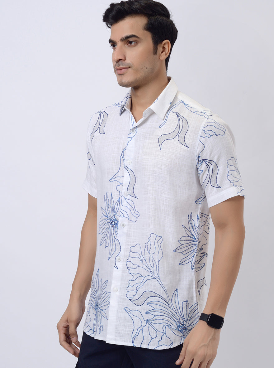 White Printed Slim Fit Casual Shirt | pehervi