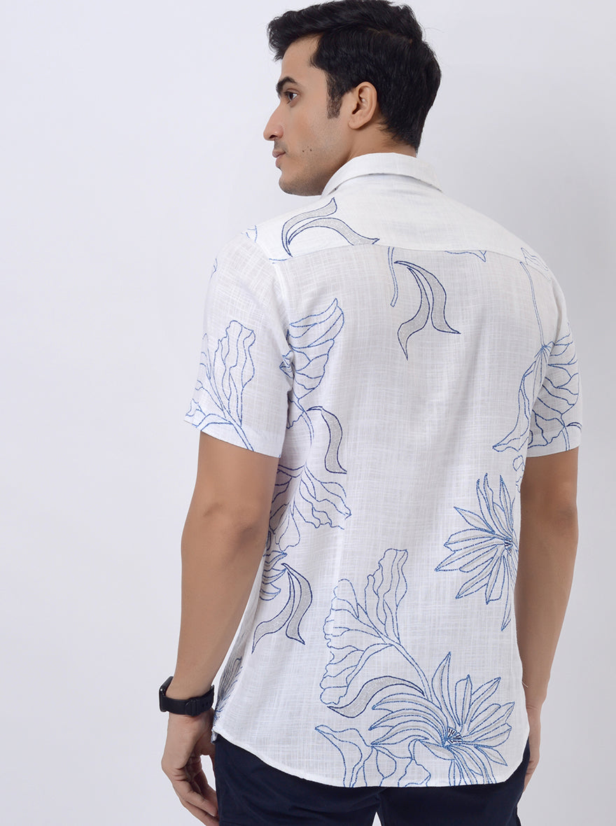 White Printed Slim Fit Casual Shirt | pehervi
