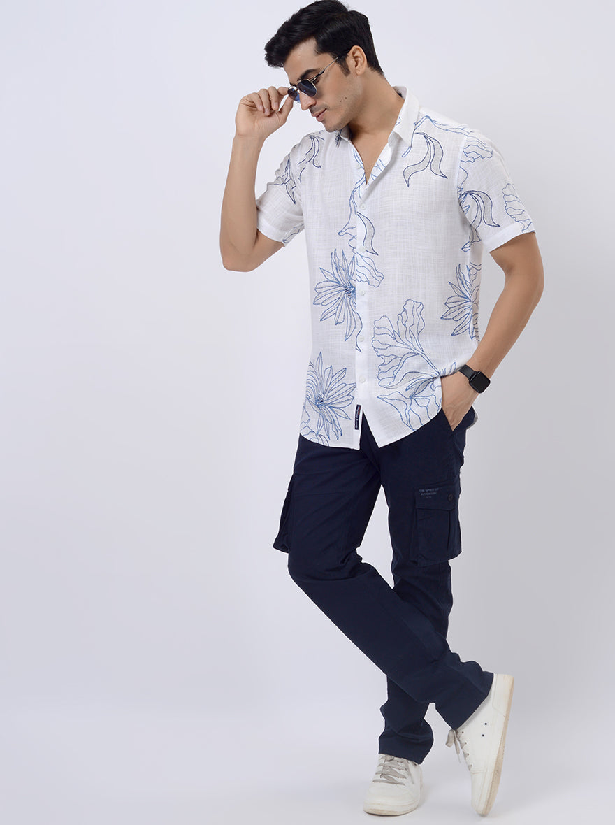 White Printed Slim Fit Casual Shirt | pehervi