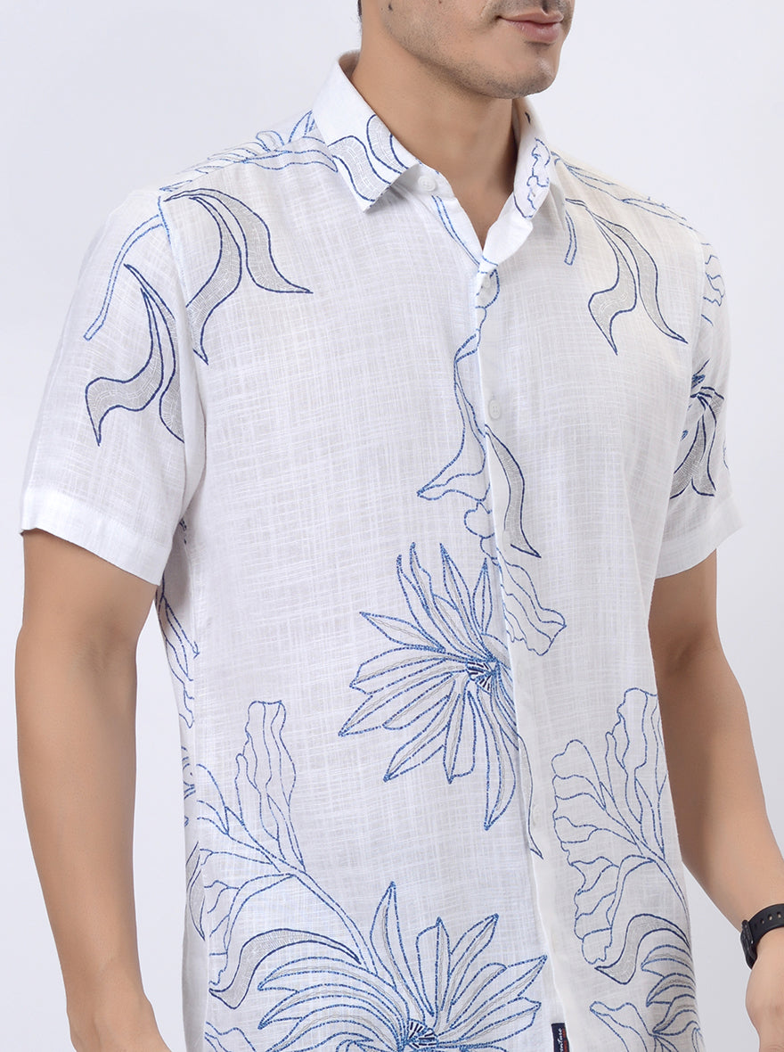 White Printed Slim Fit Casual Shirt | pehervi