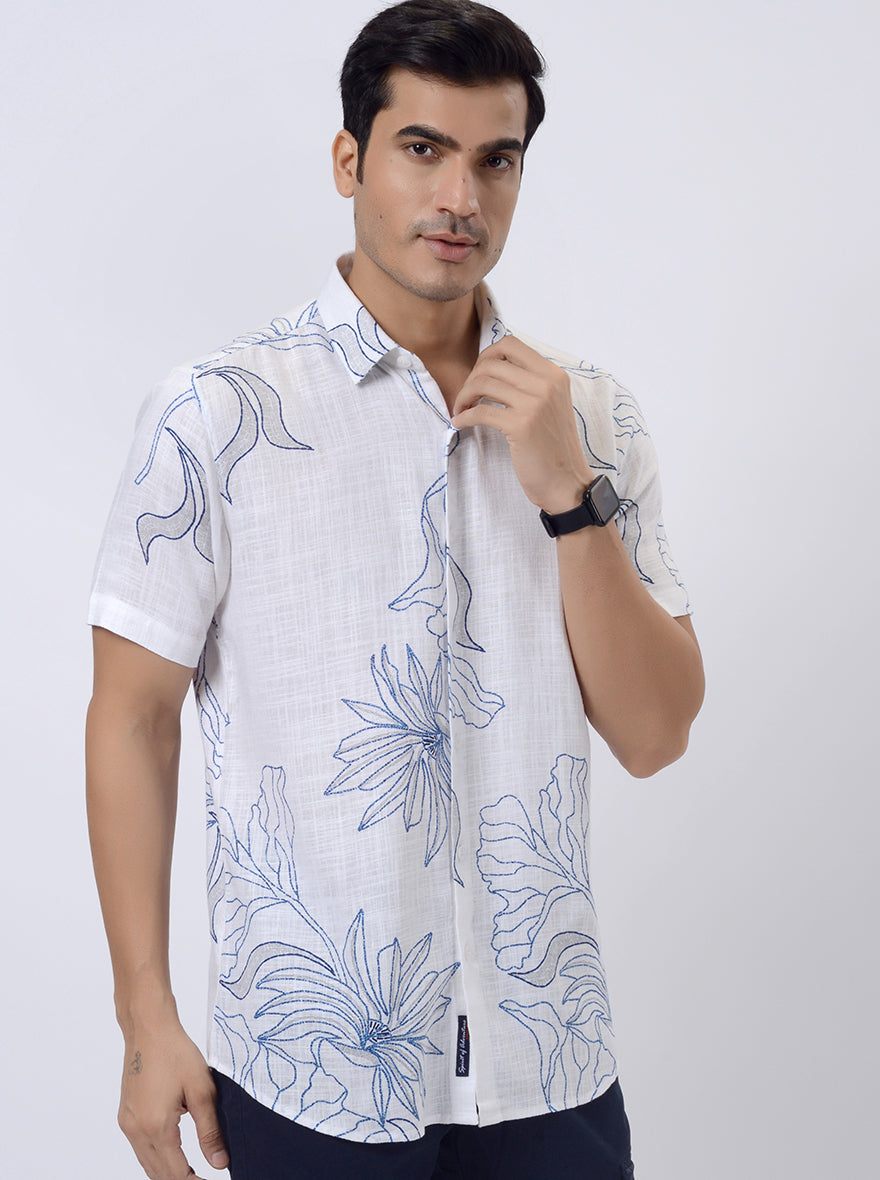 White Printed Slim Fit Casual Shirt | pehervi