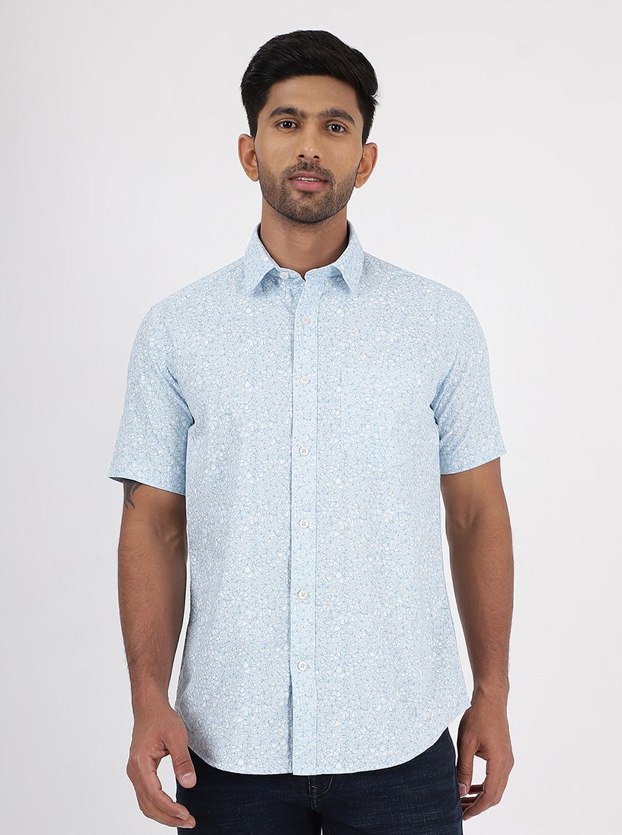 Light Blue Printed Smart Fit Semi Casual Shirt | Pehervi
