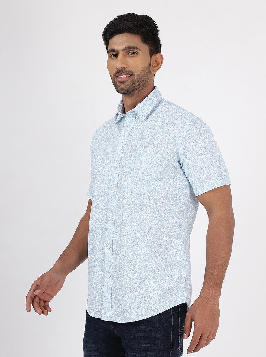 Light Blue Printed Smart Fit Semi Casual Shirt | Pehervi