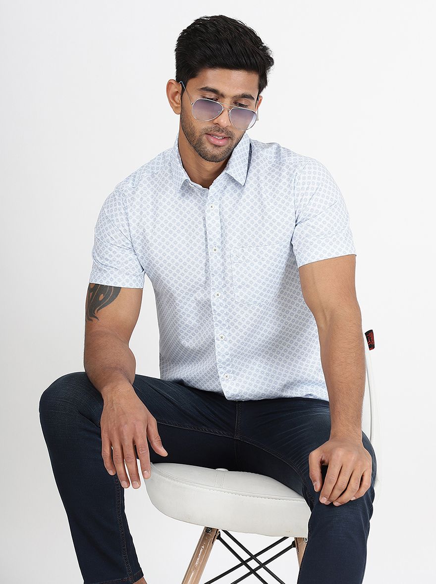 Light Blue Printed Slim Fit Casual Shirt | pehervi