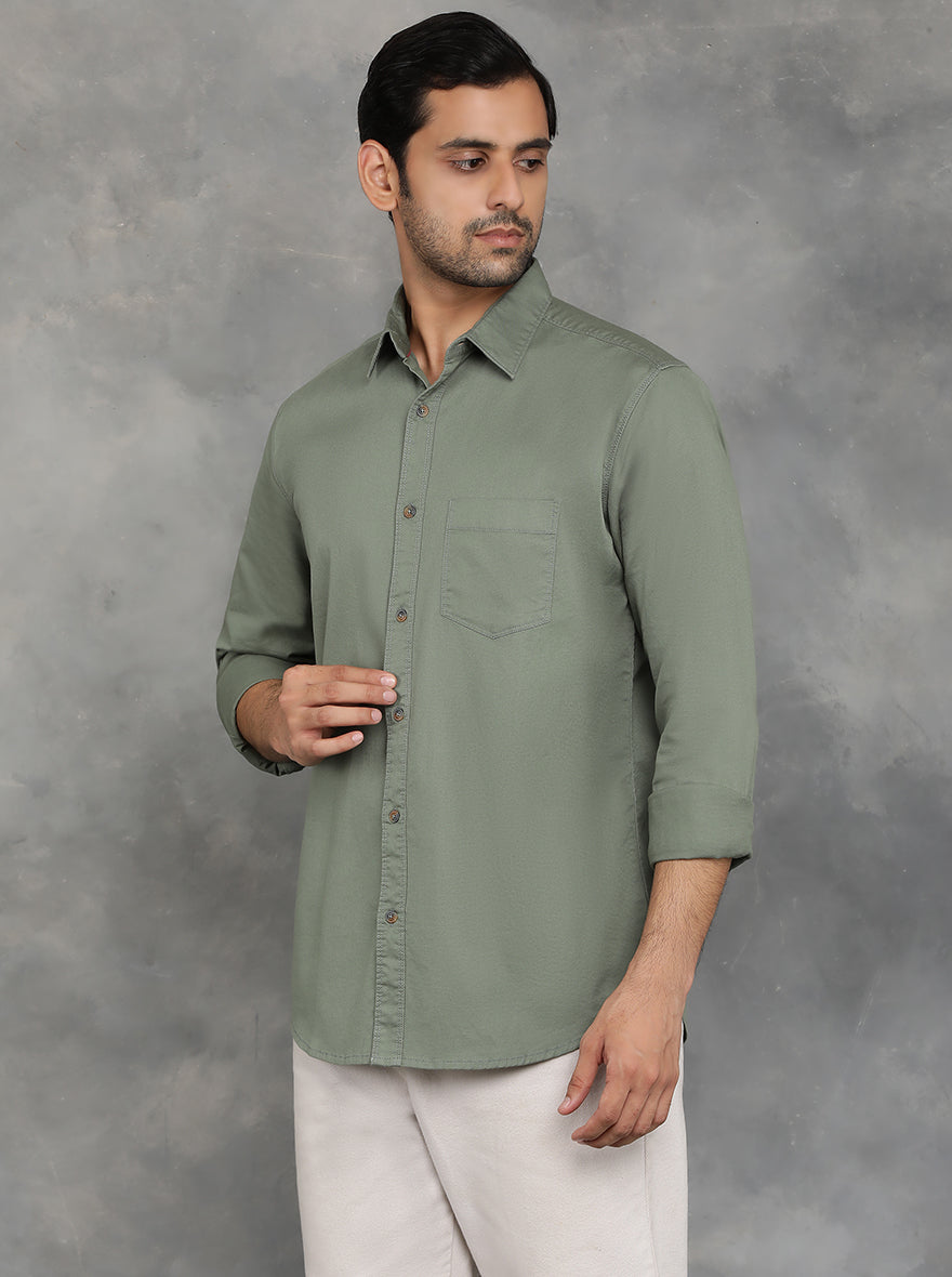 Olive Green Solid Slim Fit Casual Shirt | pehervi