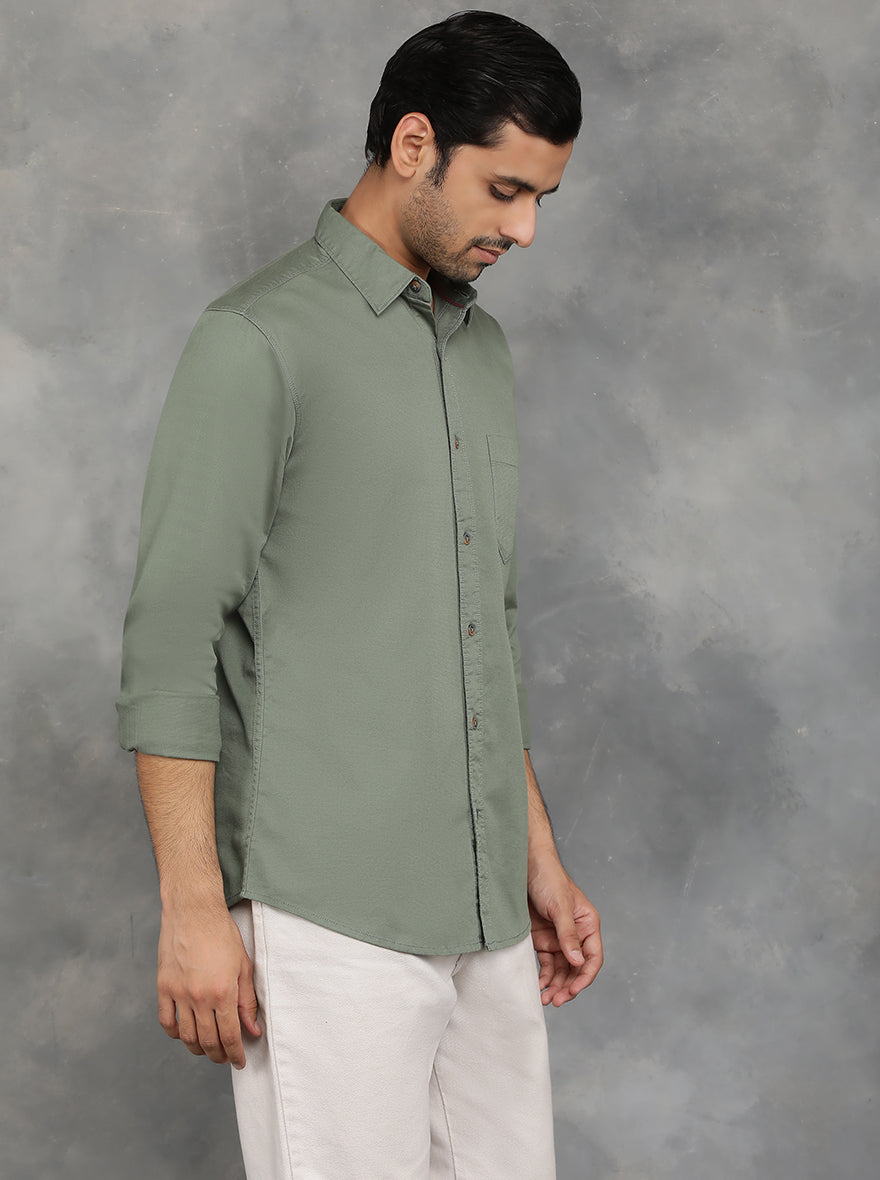Olive Green Solid Slim Fit Casual Shirt | pehervi
