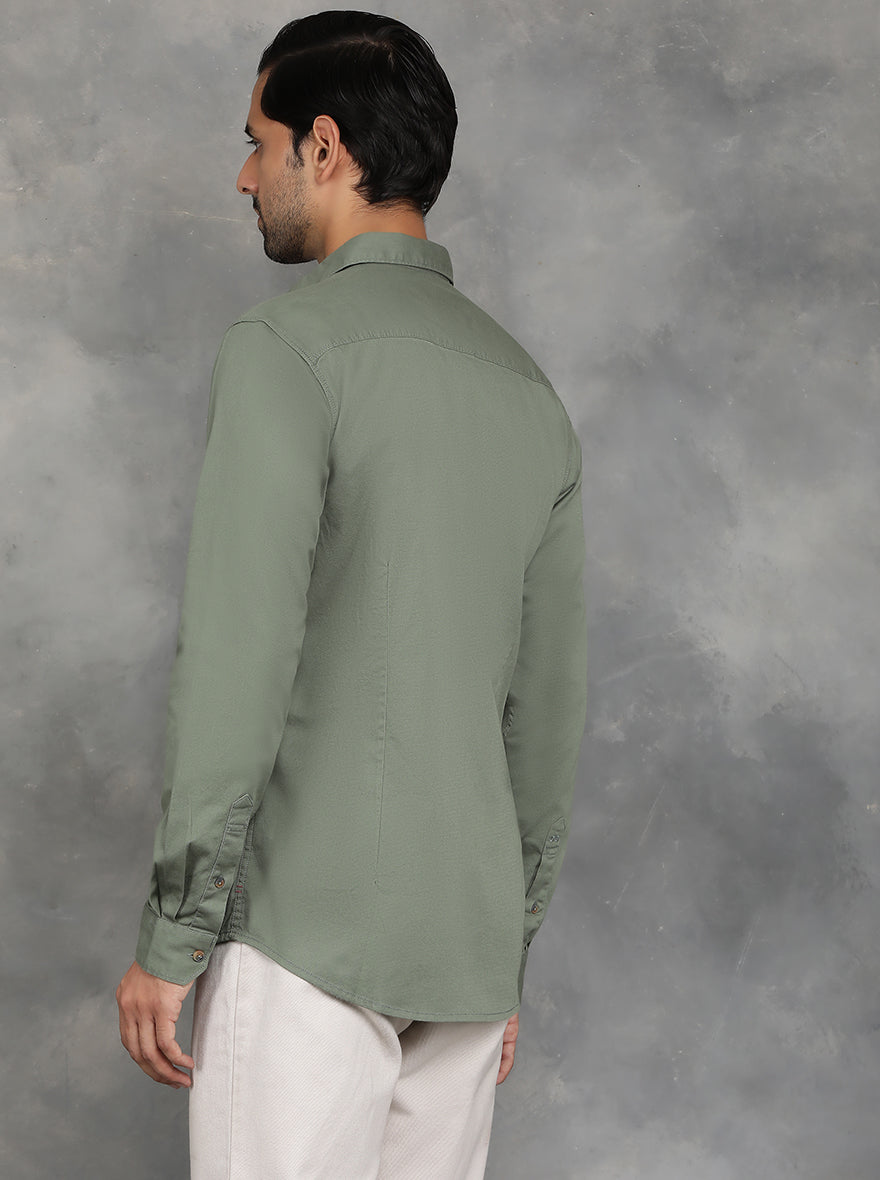 Olive Green Solid Slim Fit Casual Shirt | pehervi