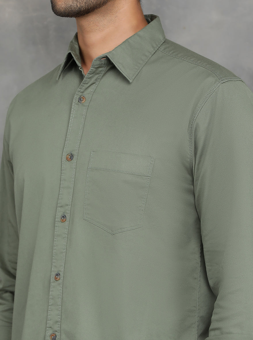 Olive Green Solid Slim Fit Casual Shirt | pehervi