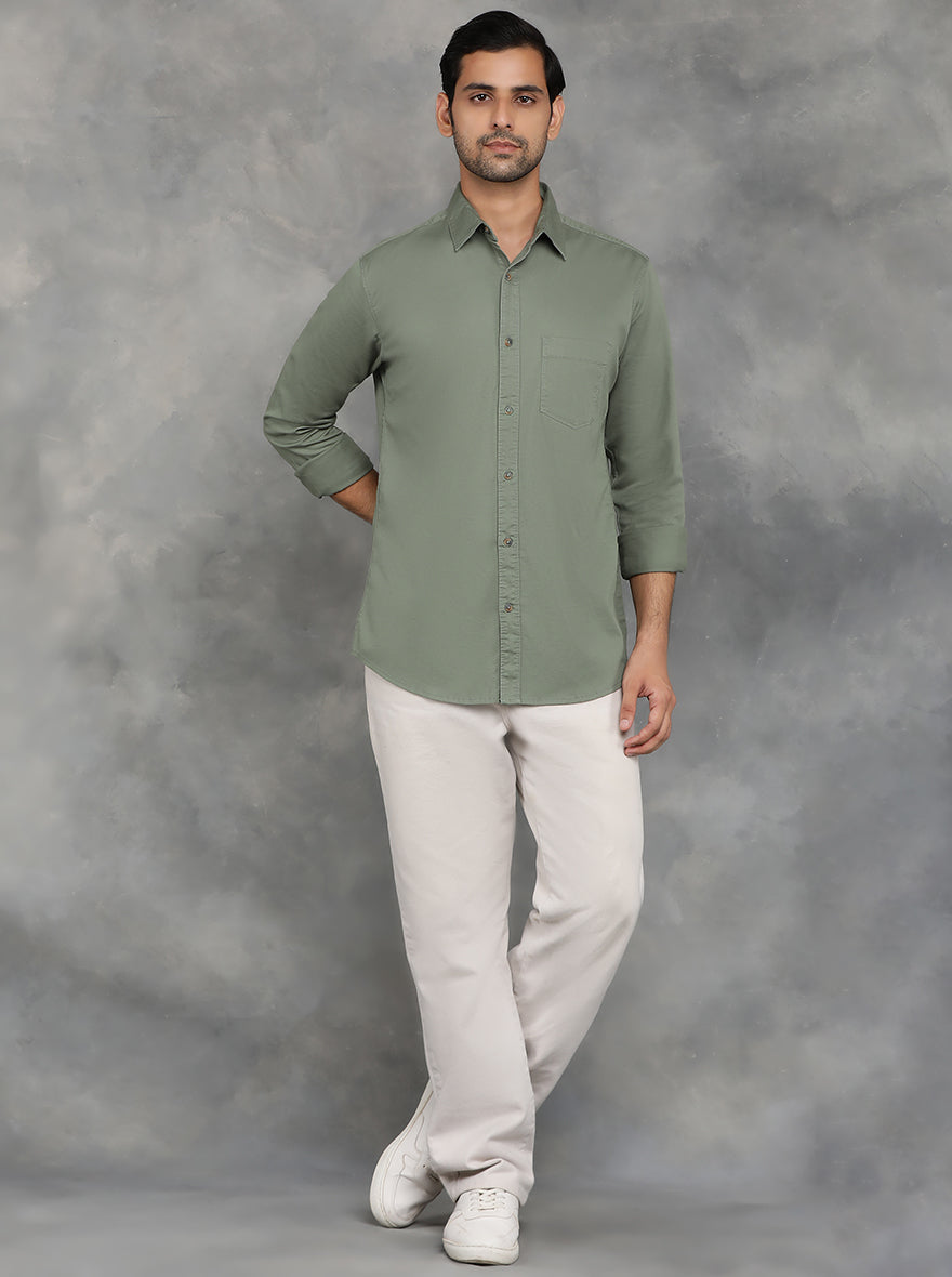 Olive Green Solid Slim Fit Casual Shirt | pehervi