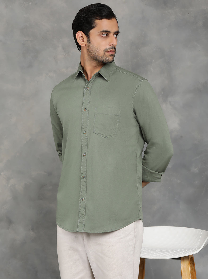Olive Green Solid Slim Fit Casual Shirt | pehervi