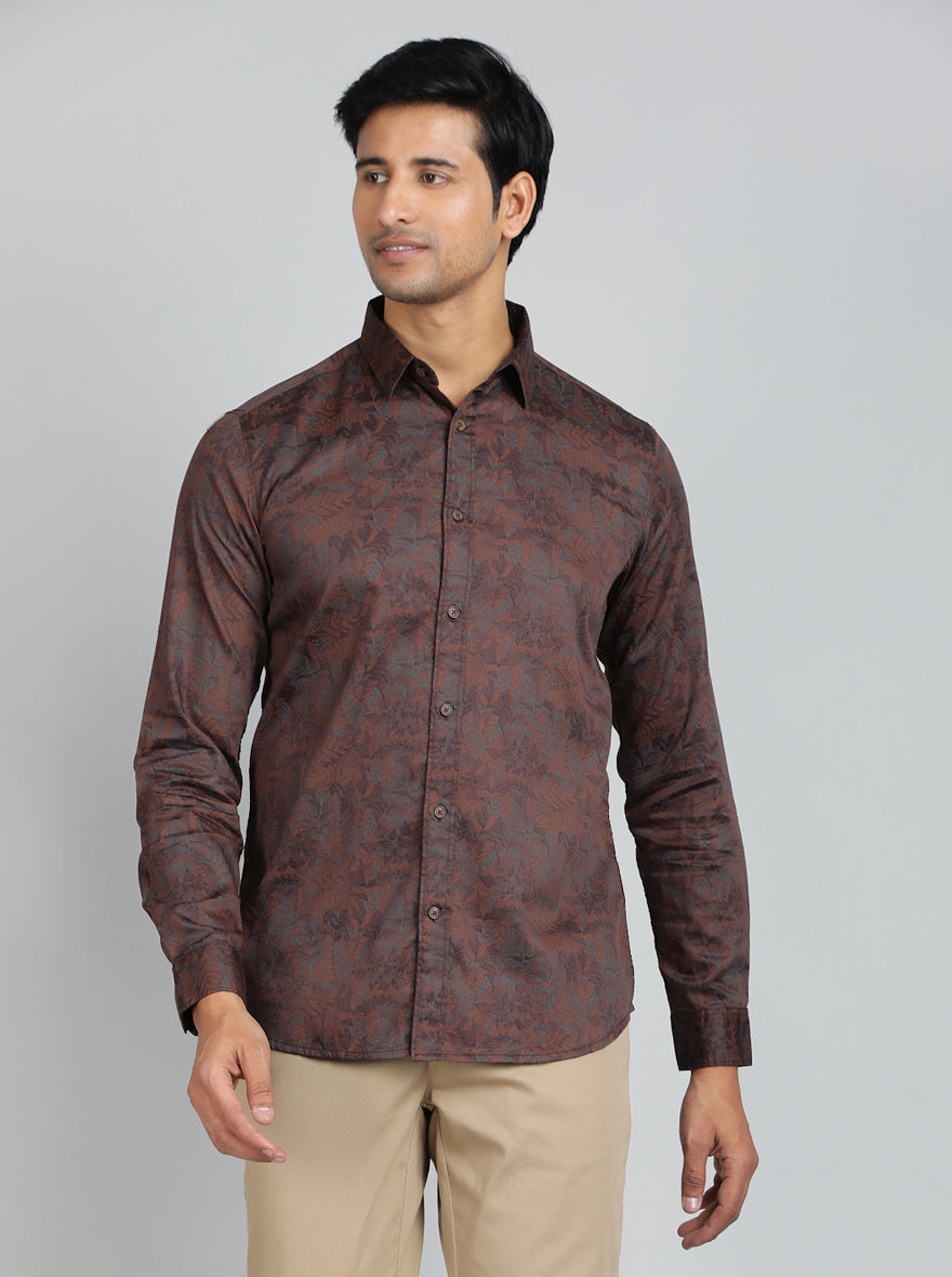 Brown Printed Slim Fit Casual Shirt | pehervi