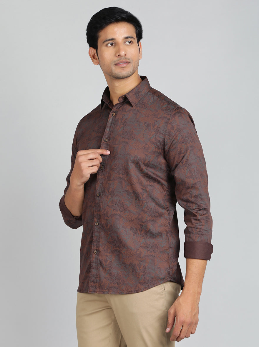 Brown Printed Slim Fit Casual Shirt | pehervi