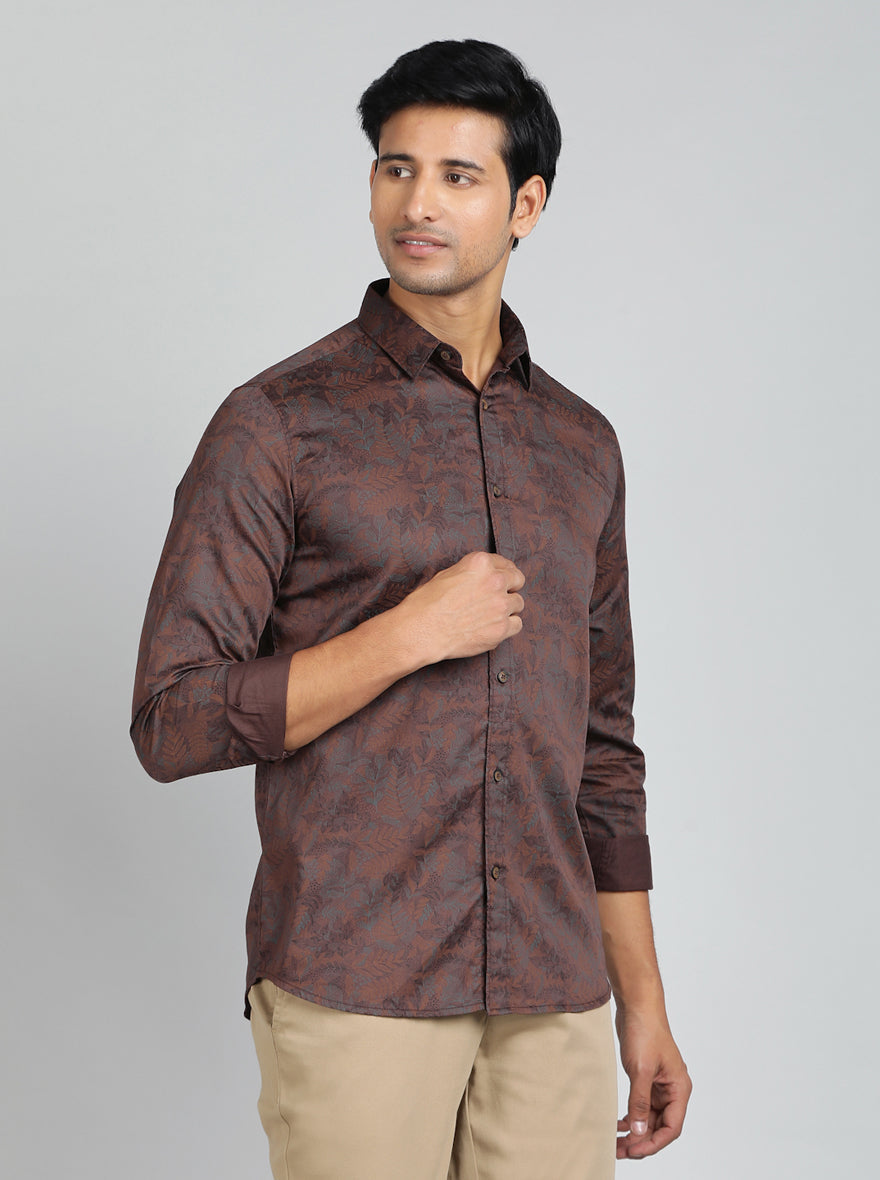Brown Printed Slim Fit Casual Shirt | pehervi