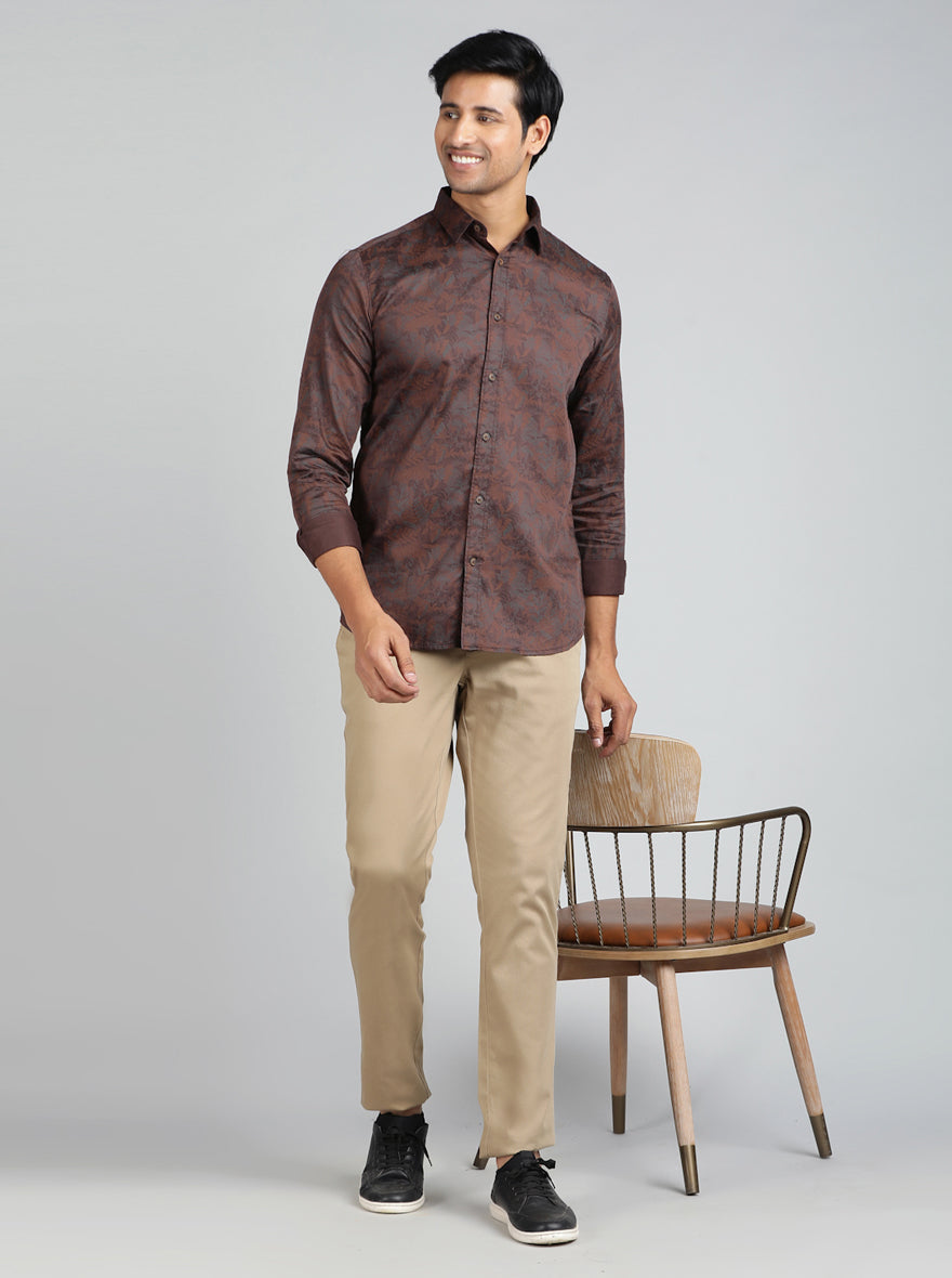 Brown Printed Slim Fit Casual Shirt | pehervi