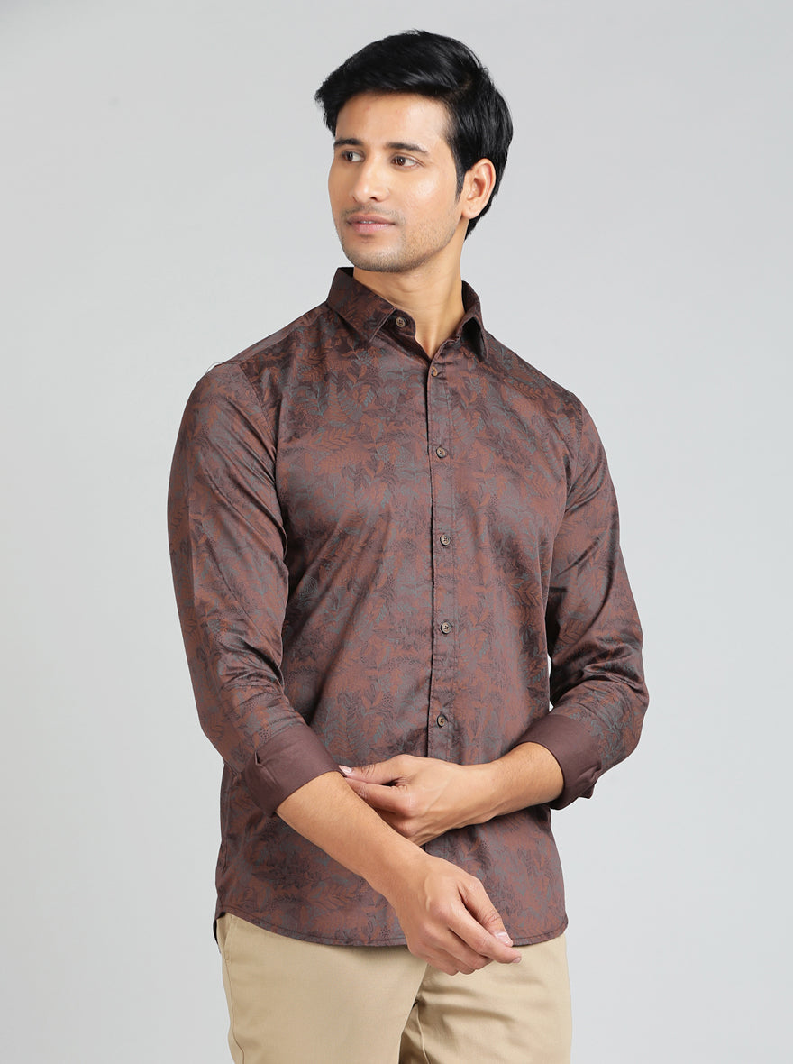 Brown Printed Slim Fit Casual Shirt | pehervi