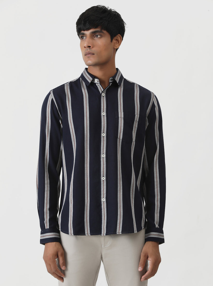 Navy Blue Striped Slim Fit Casual Shirt | pehervi