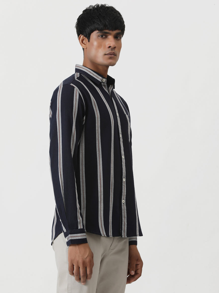 Navy Blue Striped Slim Fit Casual Shirt | pehervi