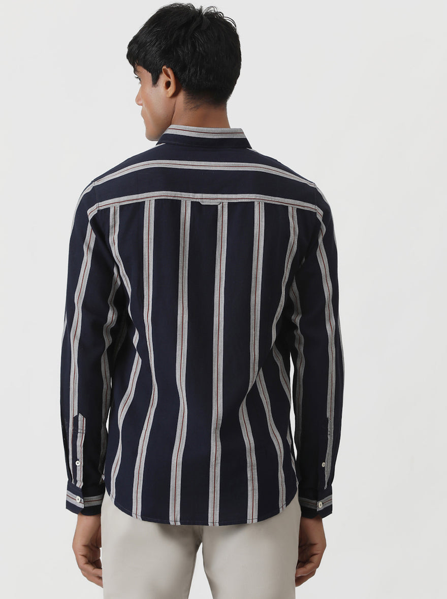 Navy Blue Striped Slim Fit Casual Shirt | pehervi