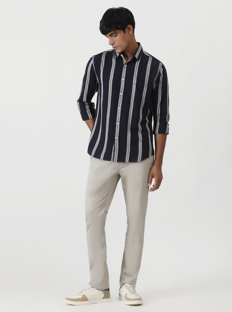 Navy Blue Striped Slim Fit Casual Shirt | pehervi