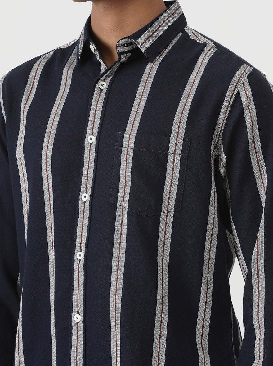 Navy Blue Striped Slim Fit Casual Shirt | pehervi