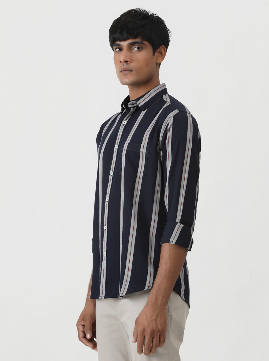 Navy Blue Striped Slim Fit Casual Shirt | pehervi