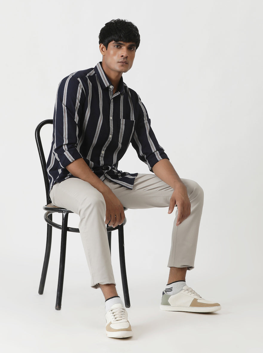 Navy Blue Striped Slim Fit Casual Shirt | pehervi