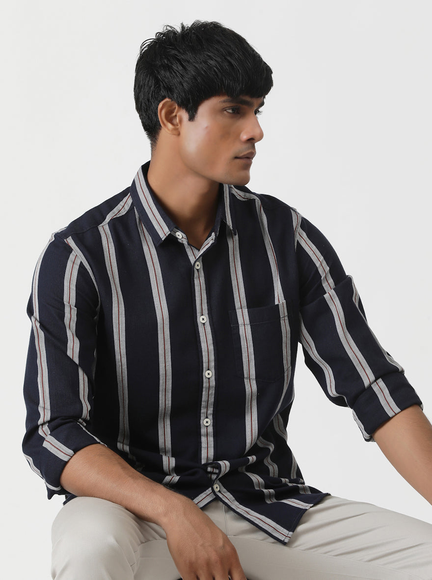 Navy Blue Striped Slim Fit Casual Shirt | pehervi