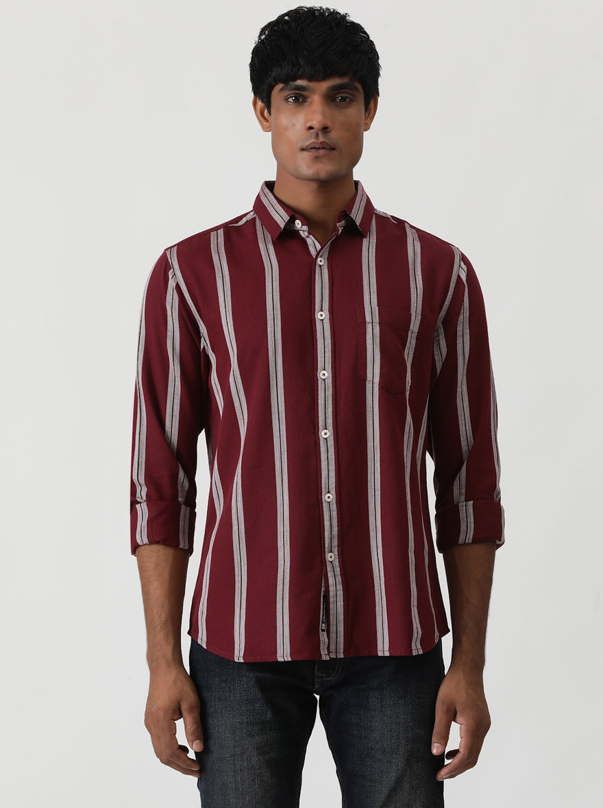 Wine Striped Slim Fit Casual Shirt | pehervi
