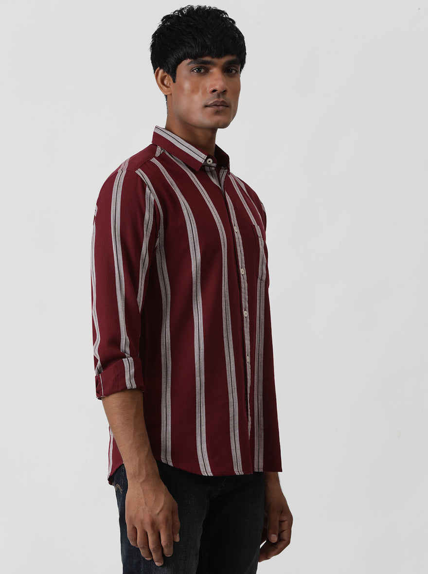 Wine Striped Slim Fit Casual Shirt | pehervi