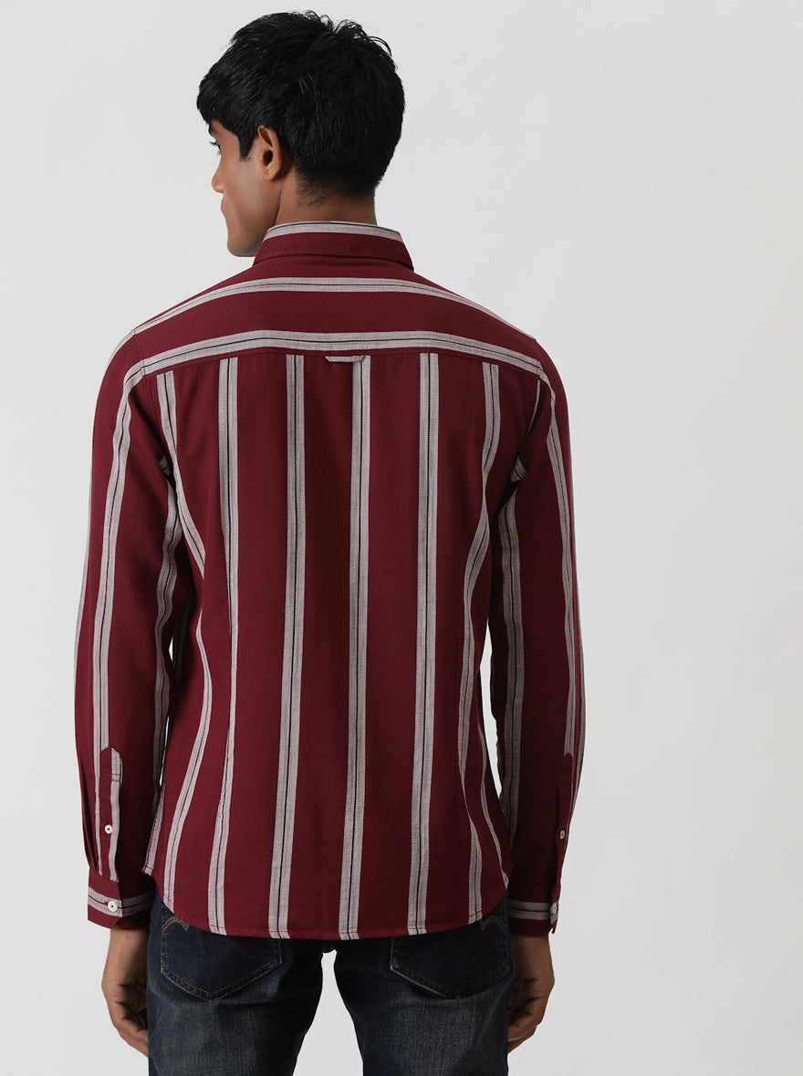 Wine Striped Slim Fit Casual Shirt | pehervi