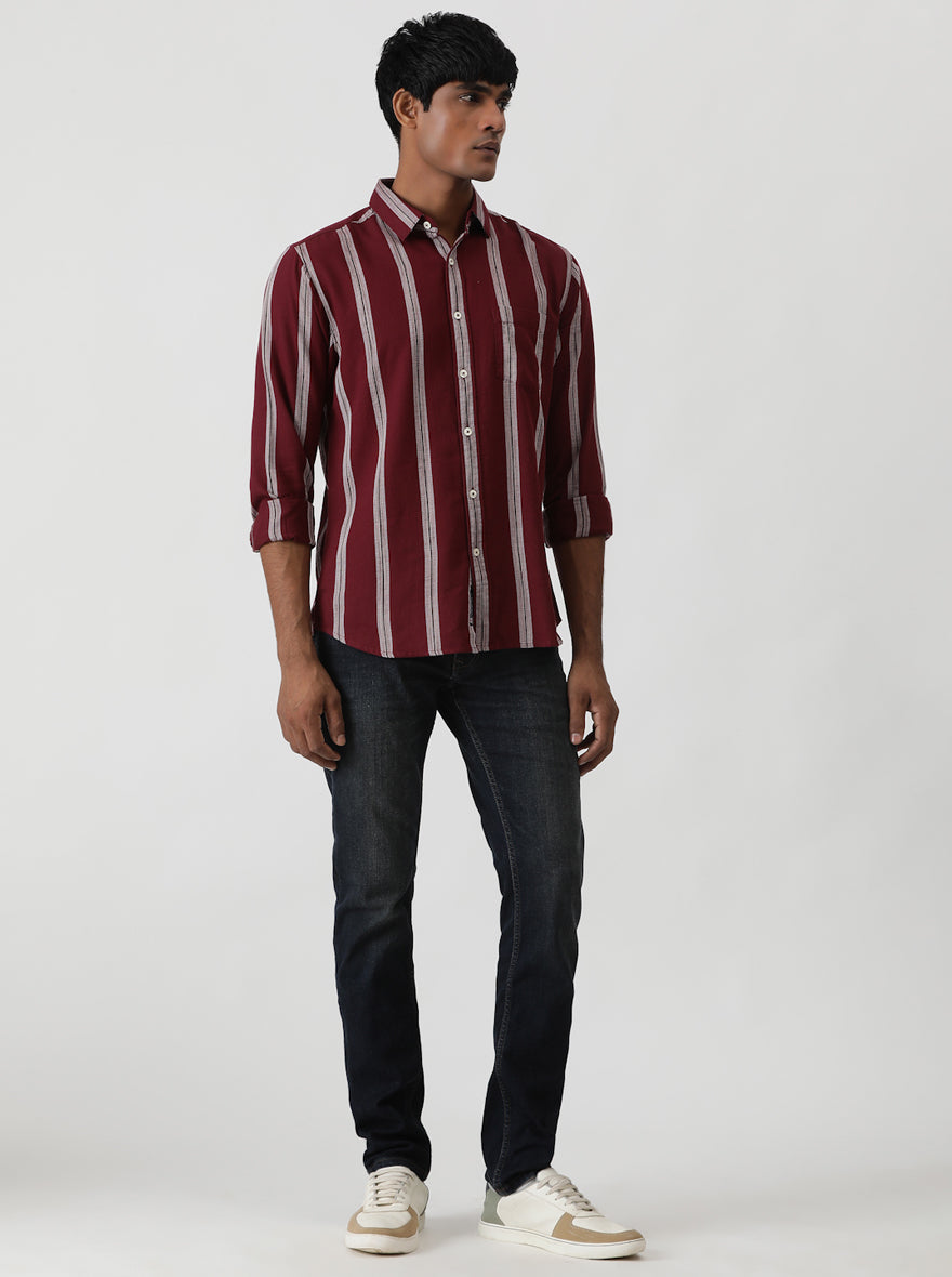 Wine Striped Slim Fit Casual Shirt | pehervi