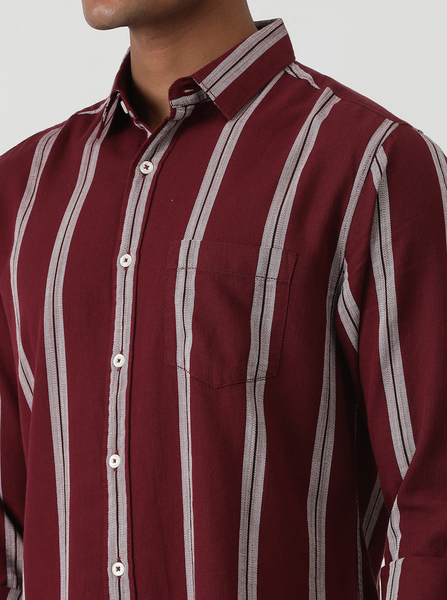 Wine Striped Slim Fit Casual Shirt | pehervi