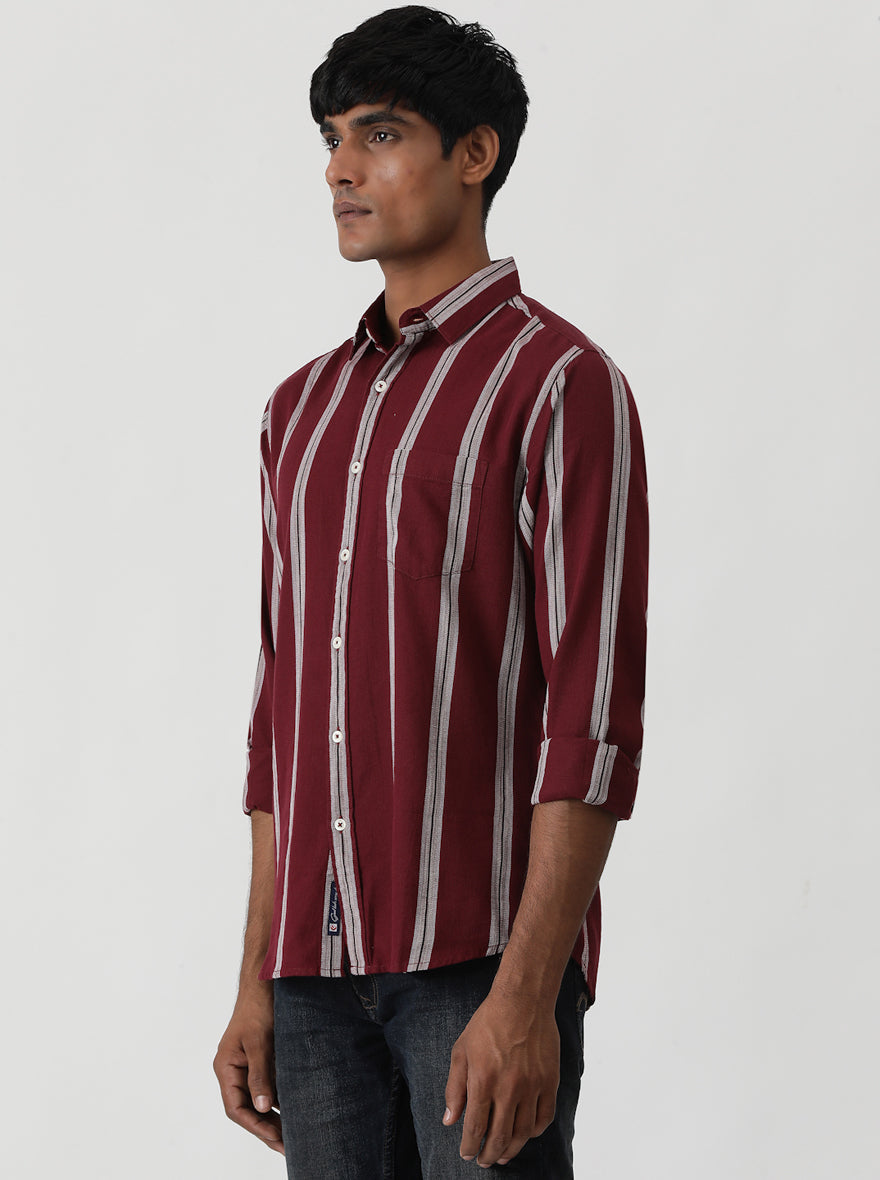 Wine Striped Slim Fit Casual Shirt | pehervi