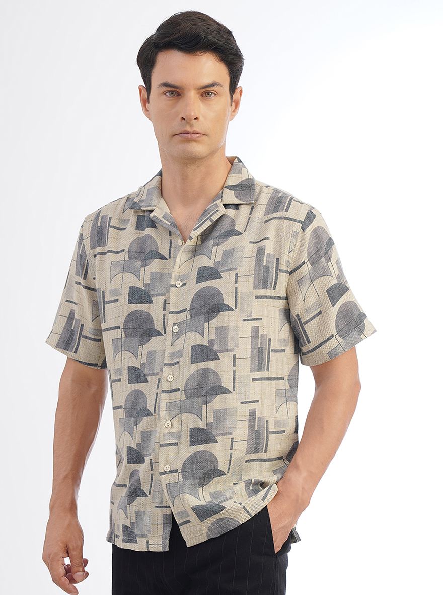 Light Grey Printed Slim Fit Casual Shirt | pehervi