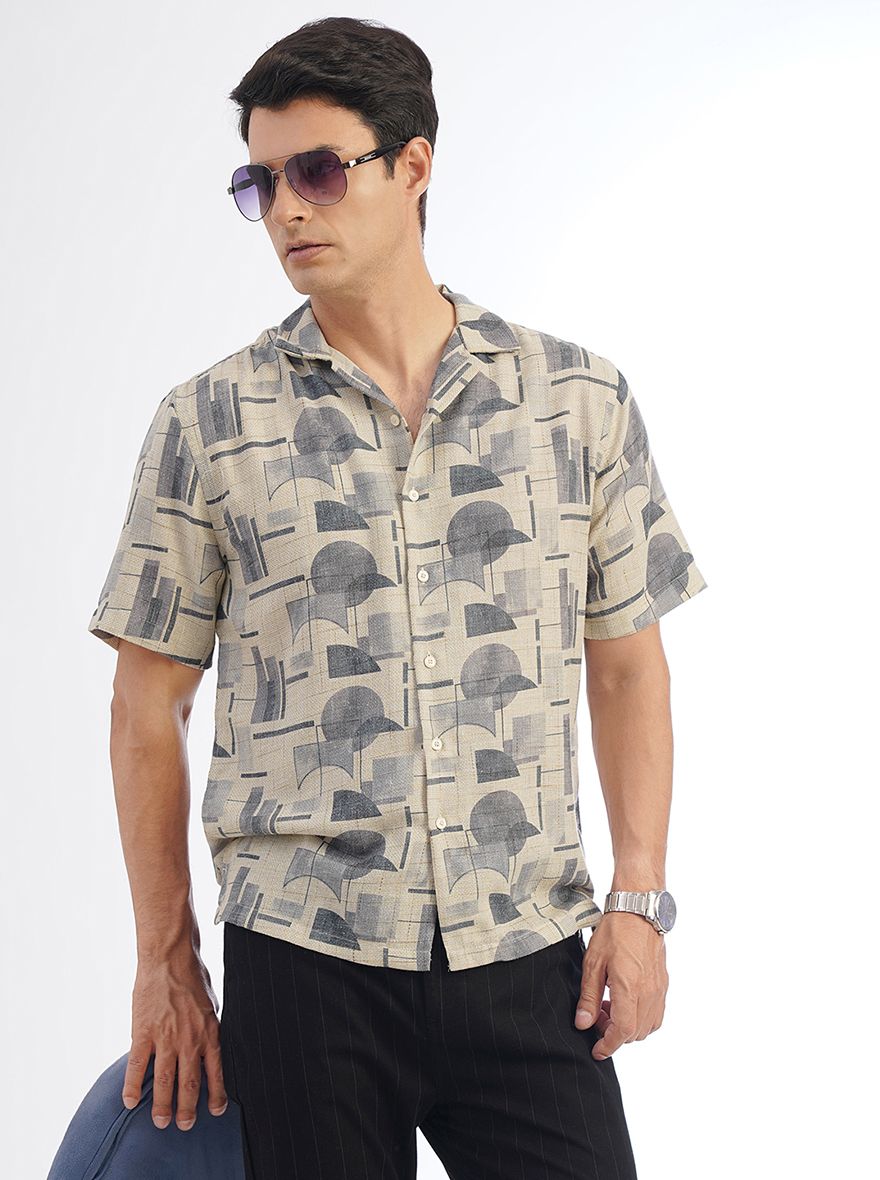 Light Grey Printed Slim Fit Casual Shirt | pehervi