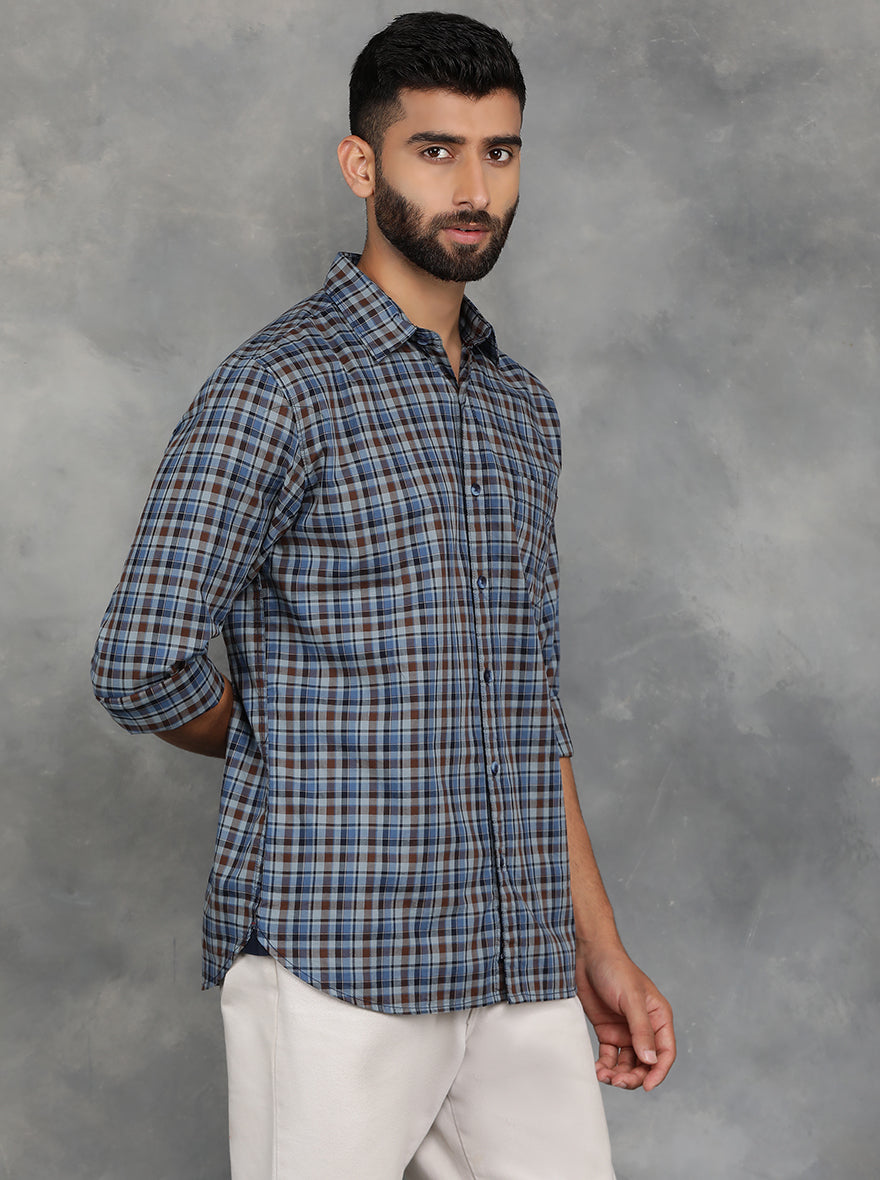Blue Checked Slim Fit Casual Shirt | pehervi