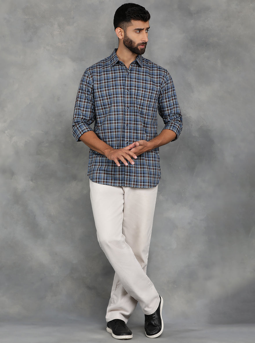 Blue Checked Slim Fit Casual Shirt | pehervi